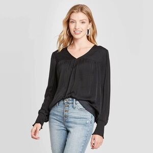 Knox Rose Pink Satin Smocked V-Neck Bishop Long Sleeve Blouse Size X-Large NWOT